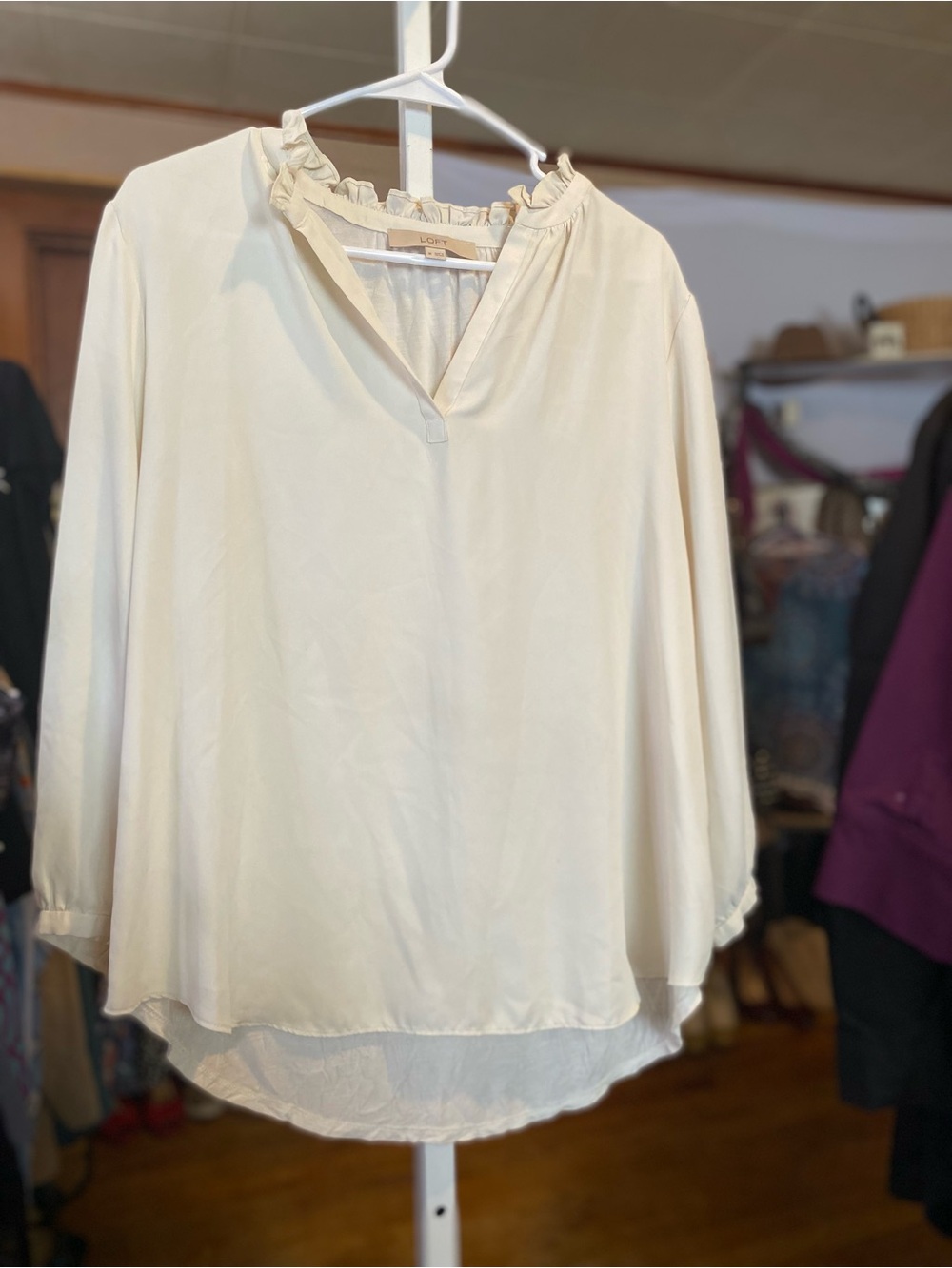 LOFT Ivory Ruffle-Trim Split-Neck Blouse